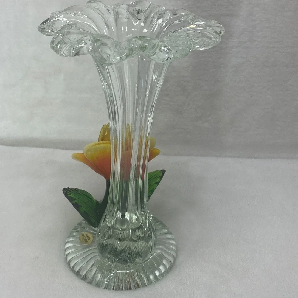 VTG  Hand‎ Blown Clear Art Glass Vase Yellow Orange Flower NOS